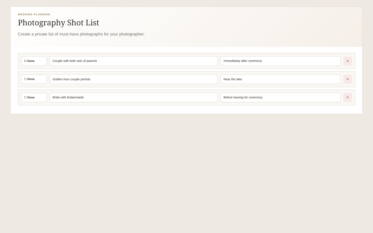 Photography shot list